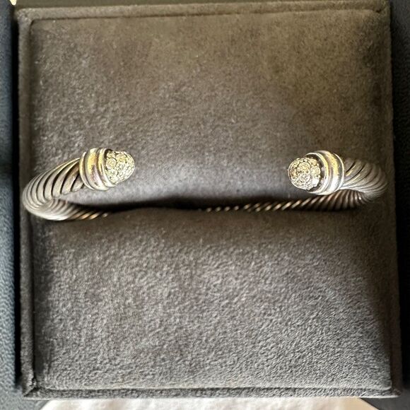David Yurman 925 Sterling Silver 5mm Pave Diamond Cable Classic Bangle Bracelet - Picture 3 of 8